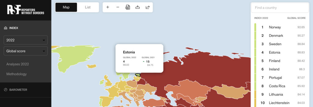 Kuvatõmmis lehelt https://rsf.org/en/index, kus on näha, et Eesti on roheline ning 4 kohal - eelmise aastaga võrreldes tõusnud 15 kohta.