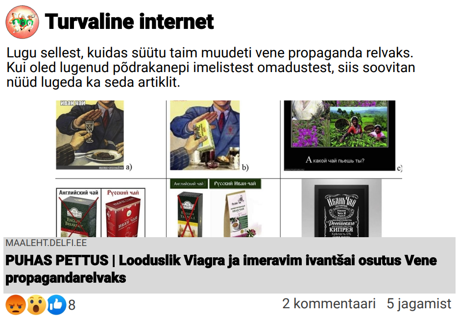 Turvalise interneti konto postitus, kus on jagatud Ekspressi artiklit pealkirjaga "Puhas Pettus: Looduslik Viagra ja imeravim ivantšai osutus Vene propagandarelvaks"